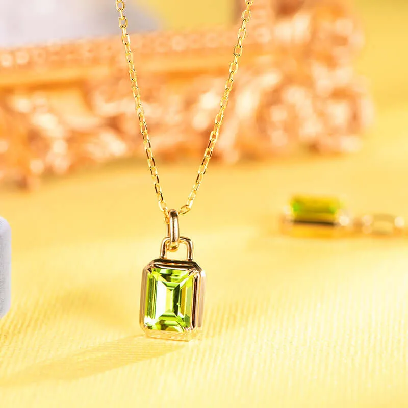 925 Silver Gold Natural Peridot Square Pendant Necklace