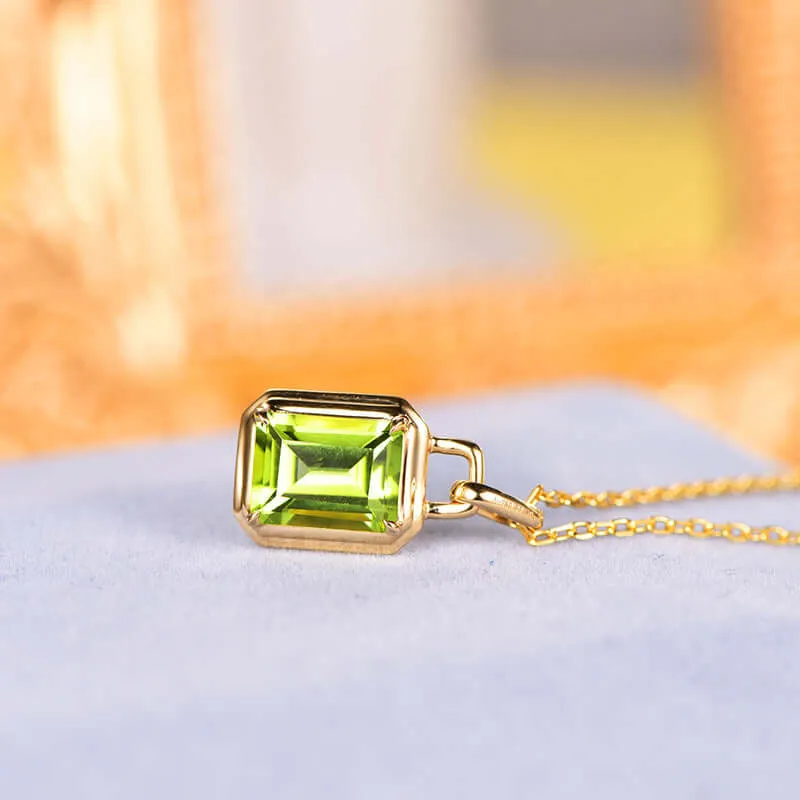 925 Silver Gold Natural Peridot Square Pendant Necklace
