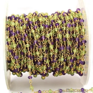 Amethyst With Peridot Gold Plated Wire Wrapped Rosary Chain