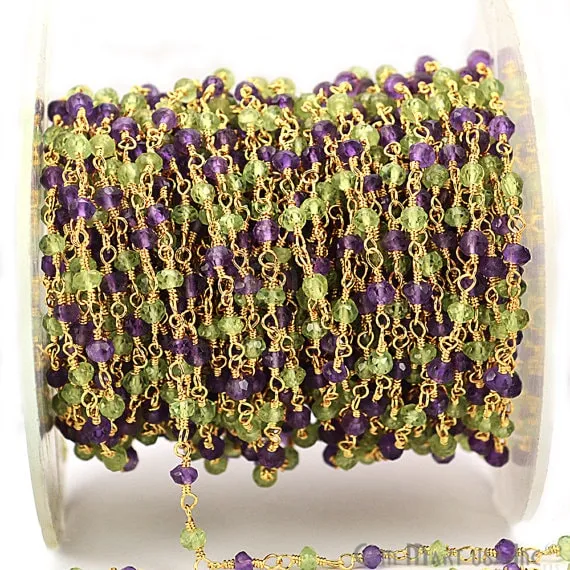 Amethyst With Peridot Gold Plated Wire Wrapped Rosary Chain