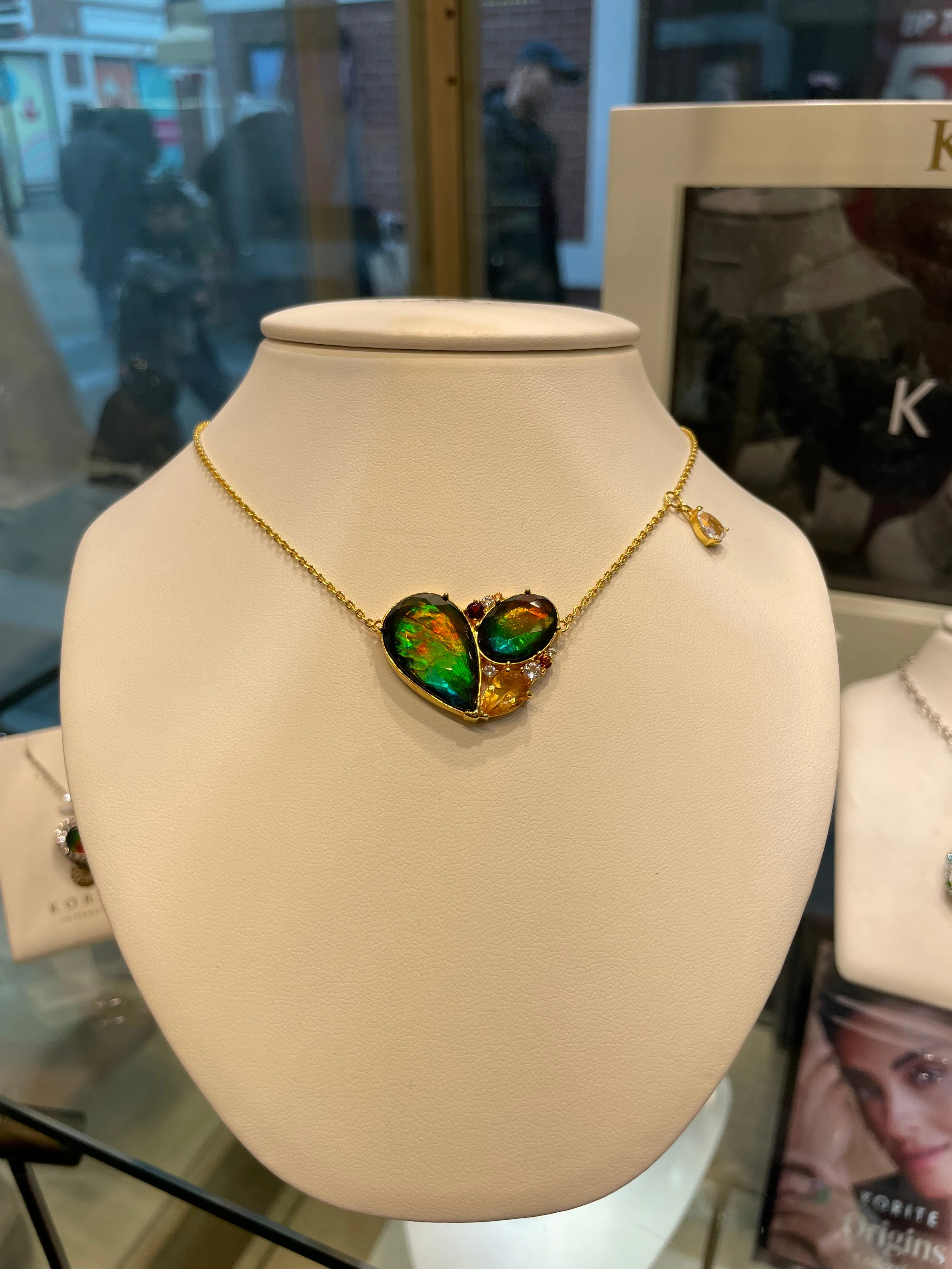 Ammolite Necklace 18k Gold Vermeil RADIANT Heart pendant with Garnet, Citrine and White Topaz