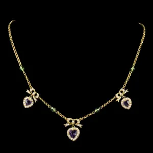Antique Edwardian Suffragette Necklace Amethyst Heart Droppers 18Ct Gold Circa 1910