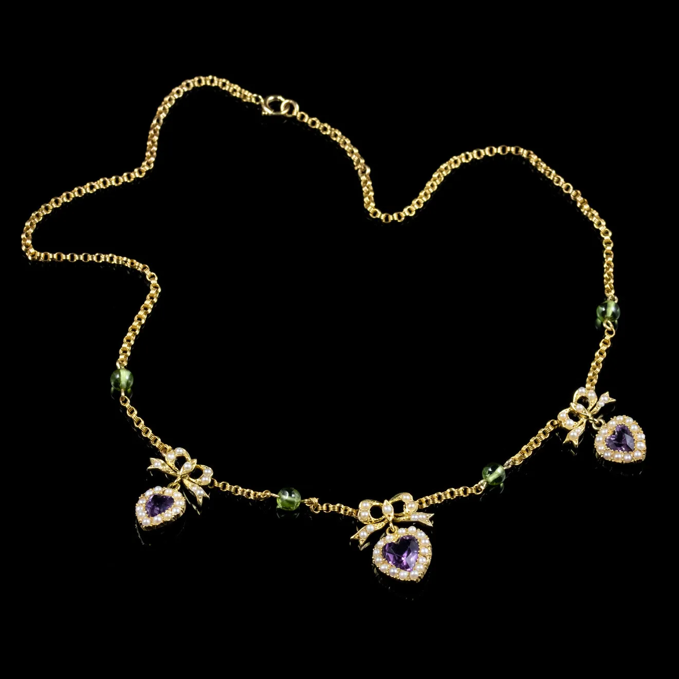 Antique Edwardian Suffragette Necklace Amethyst Heart Droppers 18Ct Gold Circa 1910