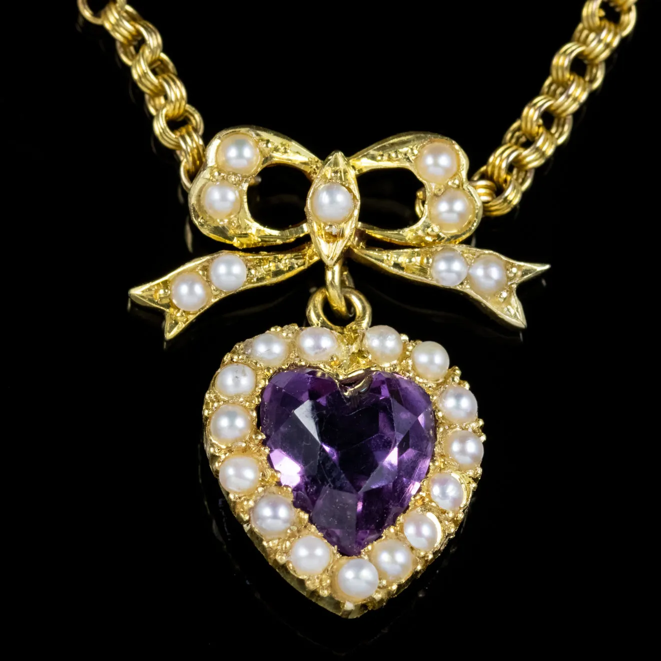 Antique Edwardian Suffragette Necklace Amethyst Heart Droppers 18Ct Gold Circa 1910