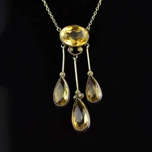 Antique Silver Citrine Art Deco Drop Pendant Necklace