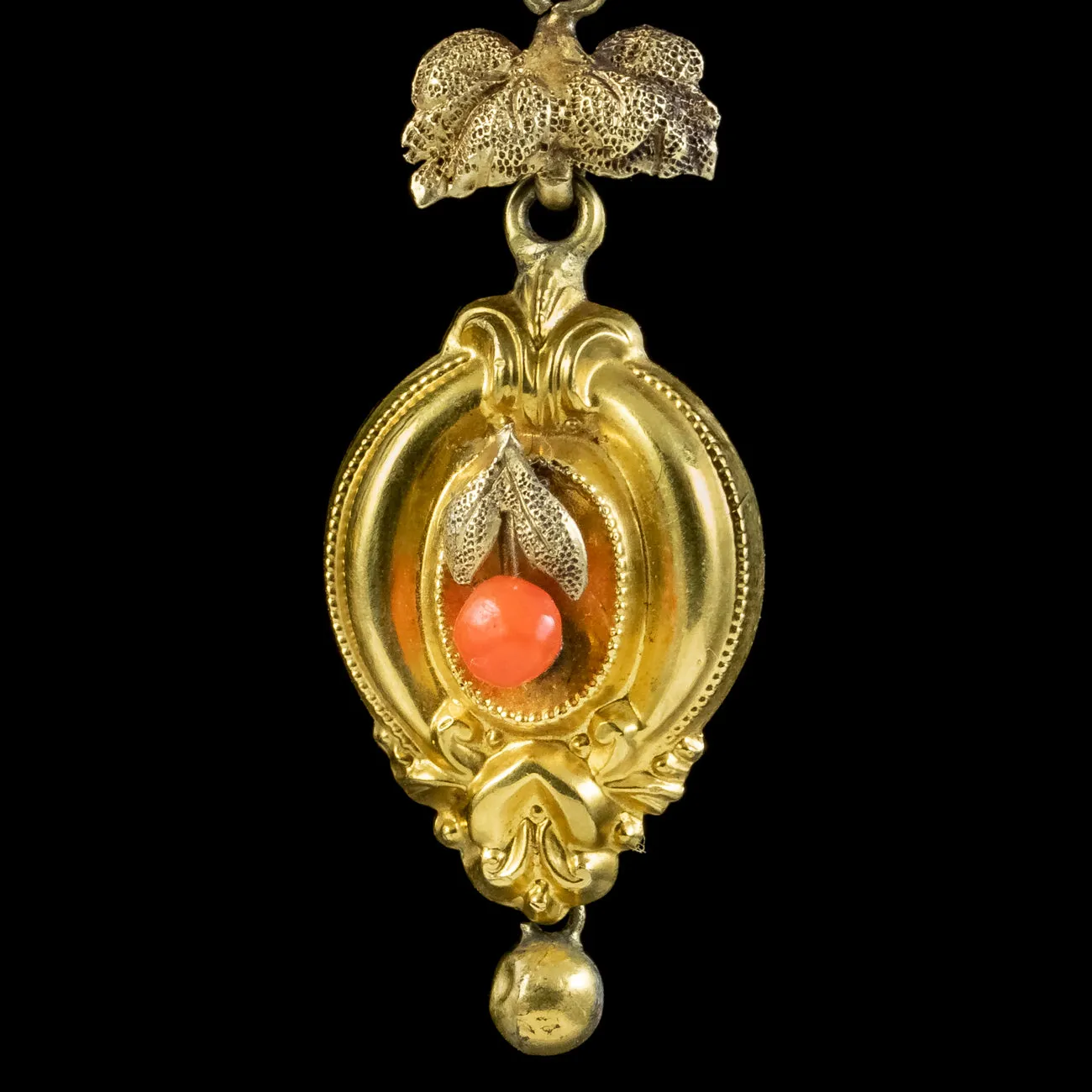 Antique Victorian Etruscan Coral Drop Earrings 18ct Gold Circa 1860