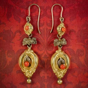 Antique Victorian Etruscan Coral Drop Earrings 18ct Gold Circa 1860