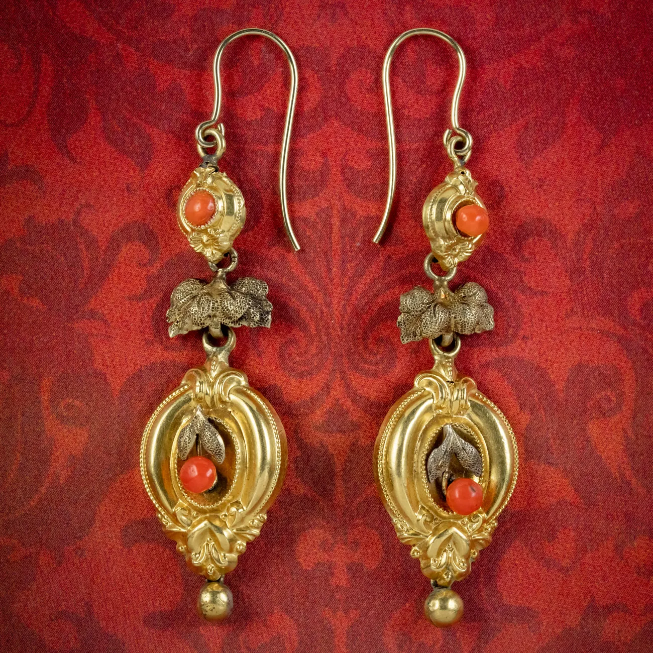 Antique Victorian Etruscan Coral Drop Earrings 18ct Gold Circa 1860