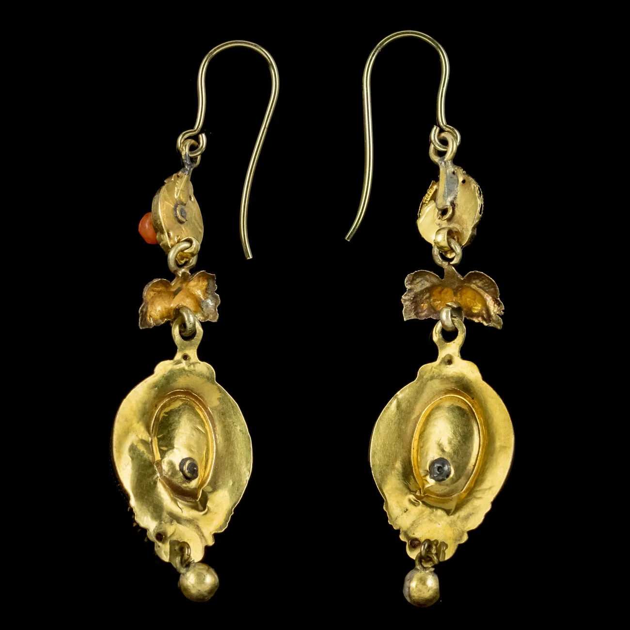 Antique Victorian Etruscan Coral Drop Earrings 18ct Gold Circa 1860