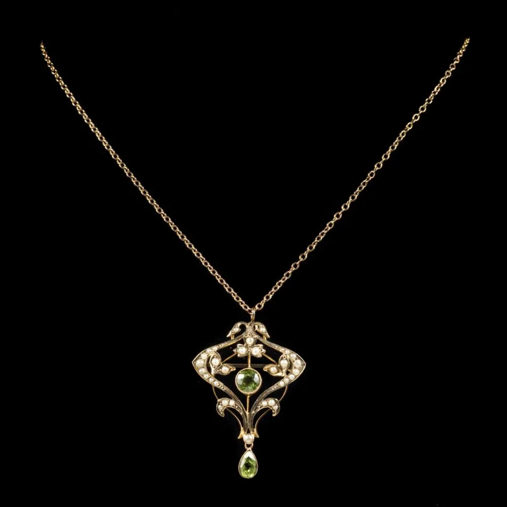 Antique Victorian Pendant Necklace Peridot Pearl 9Ct Gold Circa 1900