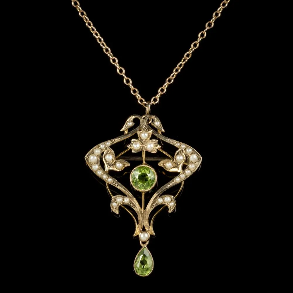 Antique Victorian Pendant Necklace Peridot Pearl 9Ct Gold Circa 1900