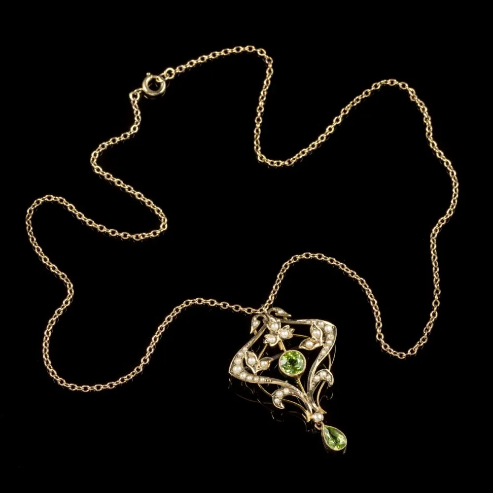 Antique Victorian Pendant Necklace Peridot Pearl 9Ct Gold Circa 1900