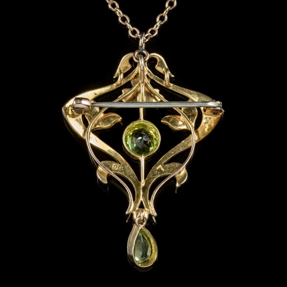 Antique Victorian Pendant Necklace Peridot Pearl 9Ct Gold Circa 1900