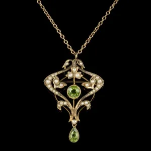 Antique Victorian Pendant Necklace Peridot Pearl 9Ct Gold Circa 1900