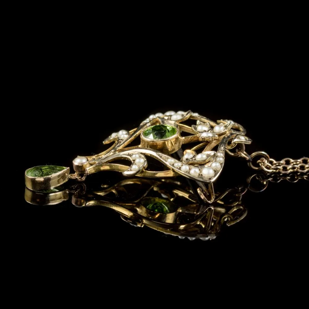 Antique Victorian Pendant Necklace Peridot Pearl 9Ct Gold Circa 1900