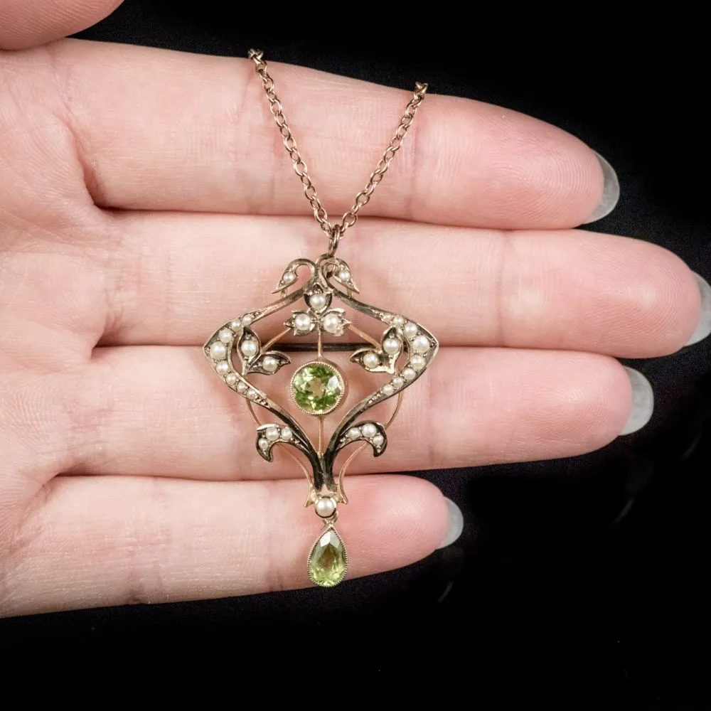 Antique Victorian Pendant Necklace Peridot Pearl 9Ct Gold Circa 1900