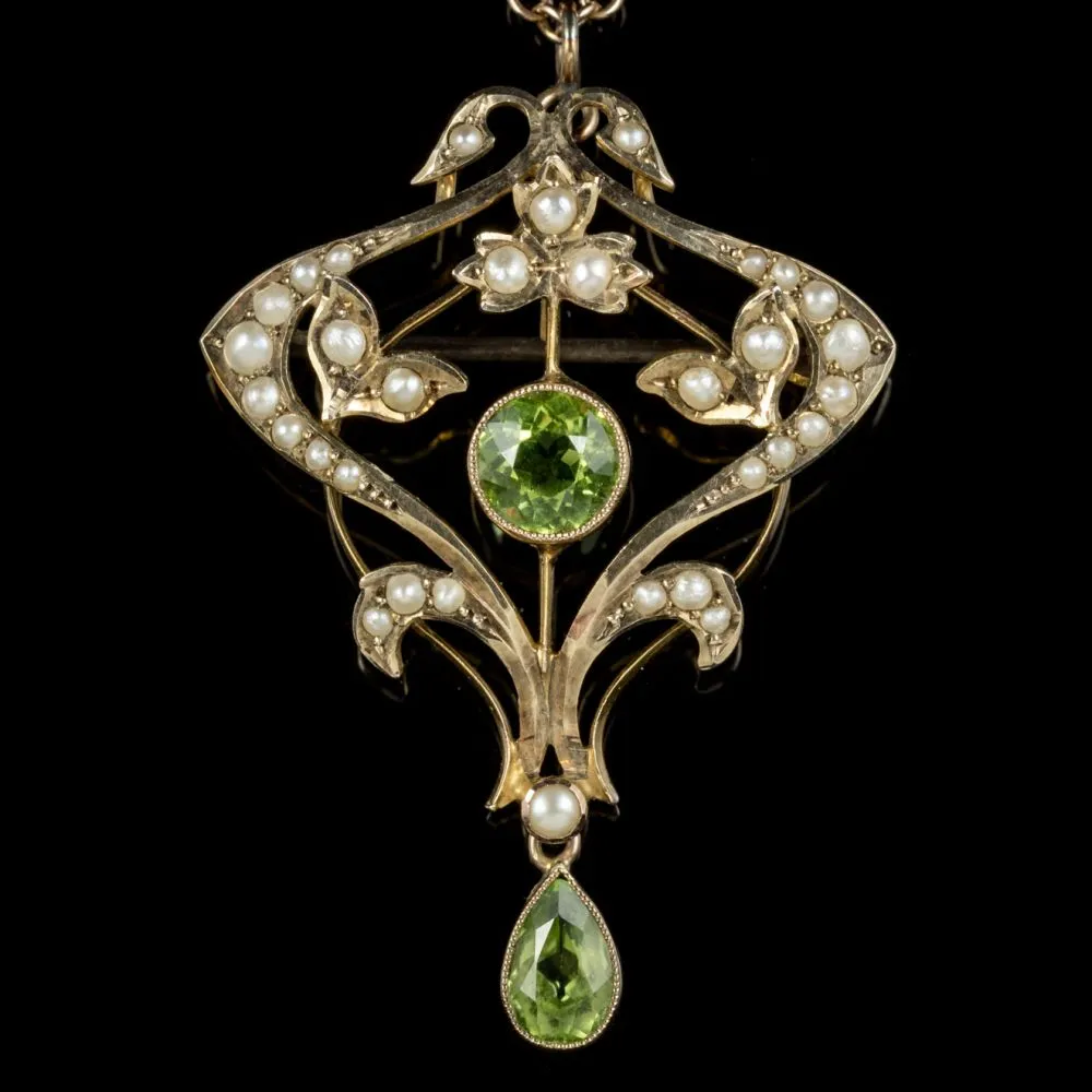 Antique Victorian Pendant Necklace Peridot Pearl 9Ct Gold Circa 1900