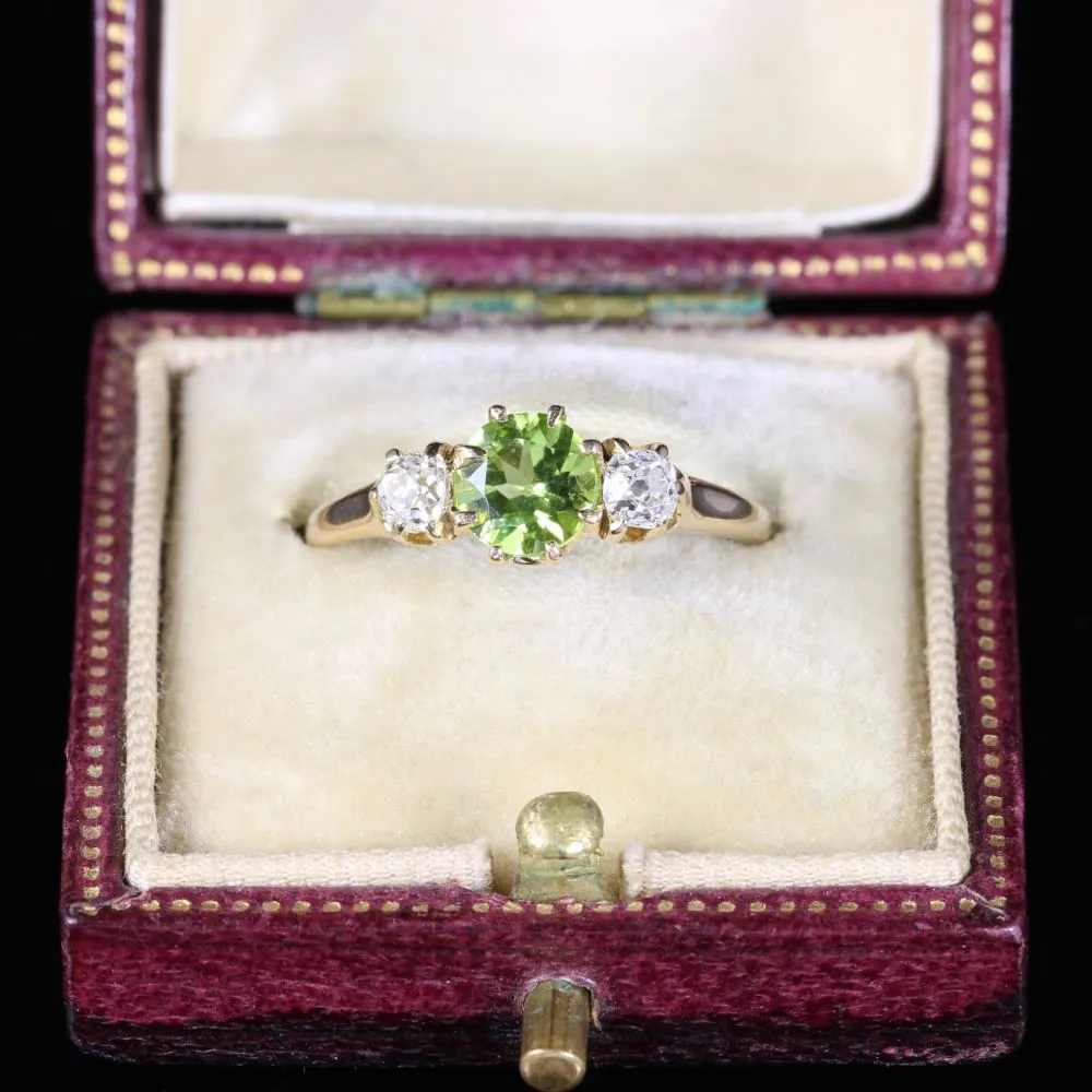 Antique Victorian Peridot Diamond Ring Trilogy 18Ct Gold Circa 1890