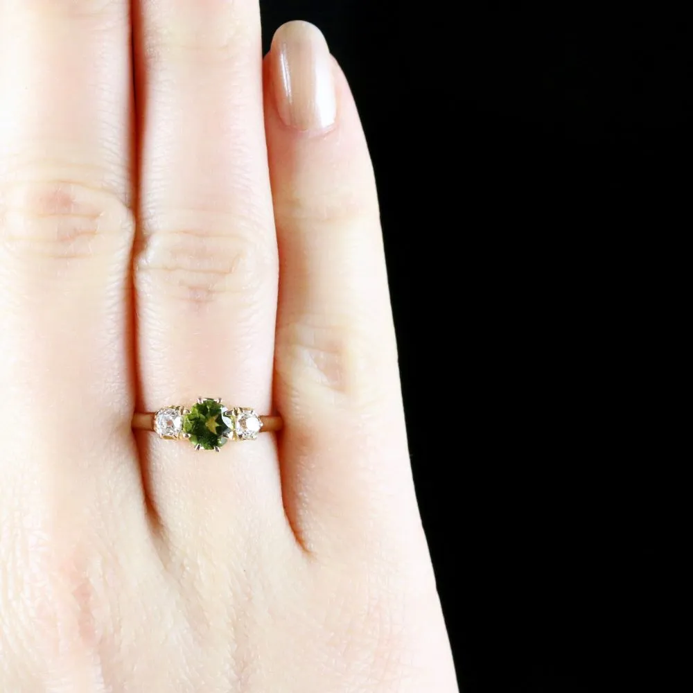 Antique Victorian Peridot Diamond Ring Trilogy 18Ct Gold Circa 1890