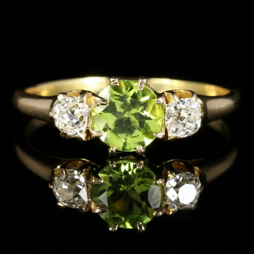 Antique Victorian Peridot Diamond Ring Trilogy 18Ct Gold Circa 1890