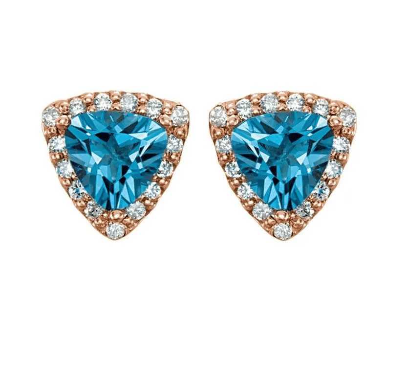 Aqua Trillion Halo Zirconia Stud Earrings in 18K Rose Gold Plating