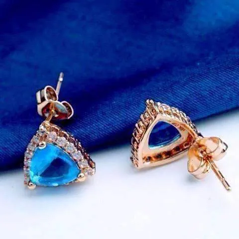 Aqua Trillion Halo Zirconia Stud Earrings in 18K Rose Gold Plating