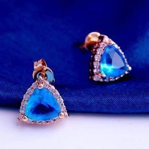 Aqua Trillion Halo Zirconia Stud Earrings in 18K Rose Gold Plating