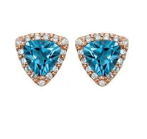 Aqua Trillion Halo Zirconia Stud Earrings in 18K Rose Gold Plating