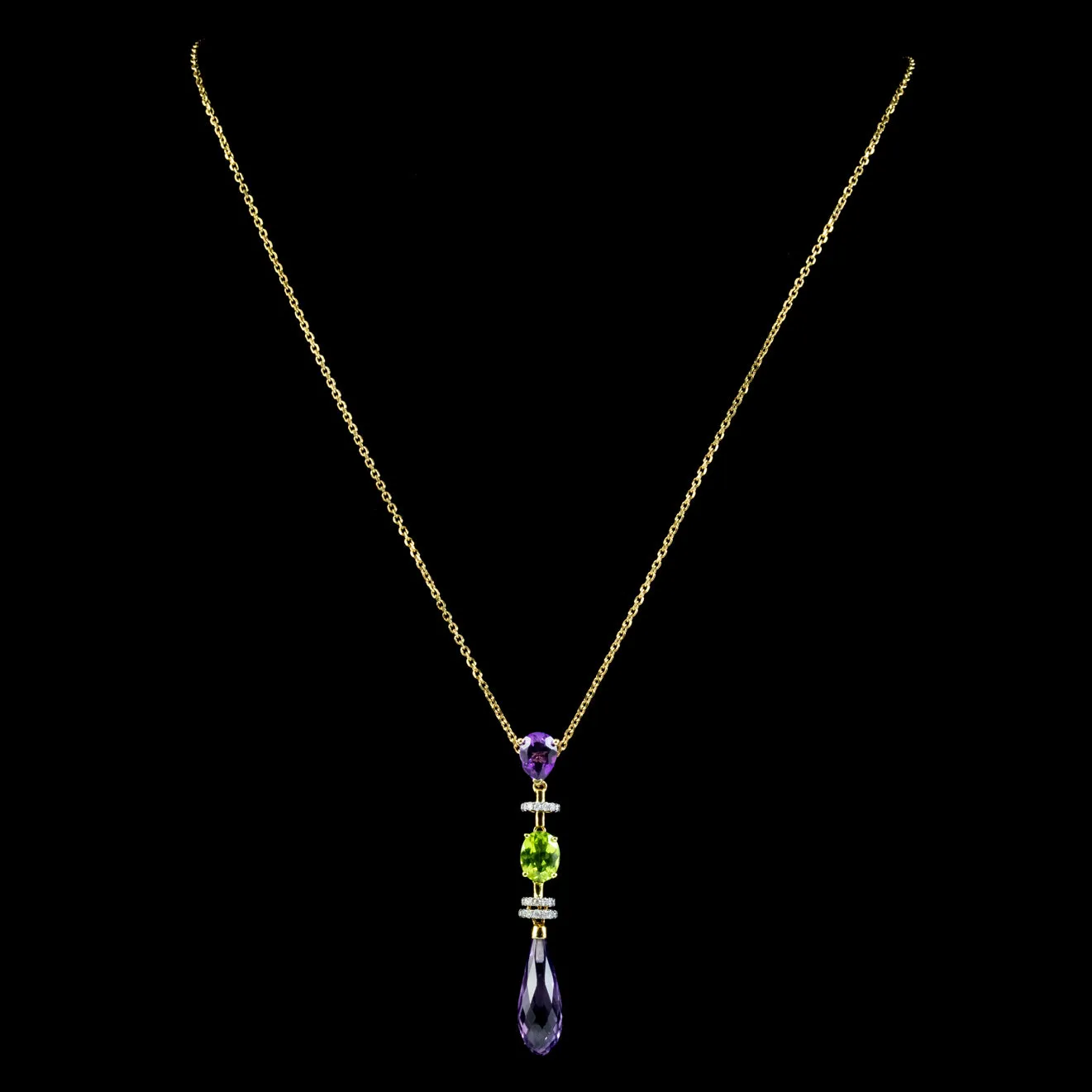 Art Deco Suffragette Style Pendant Necklace Amethyst Peridot Diamond 18ct Gold