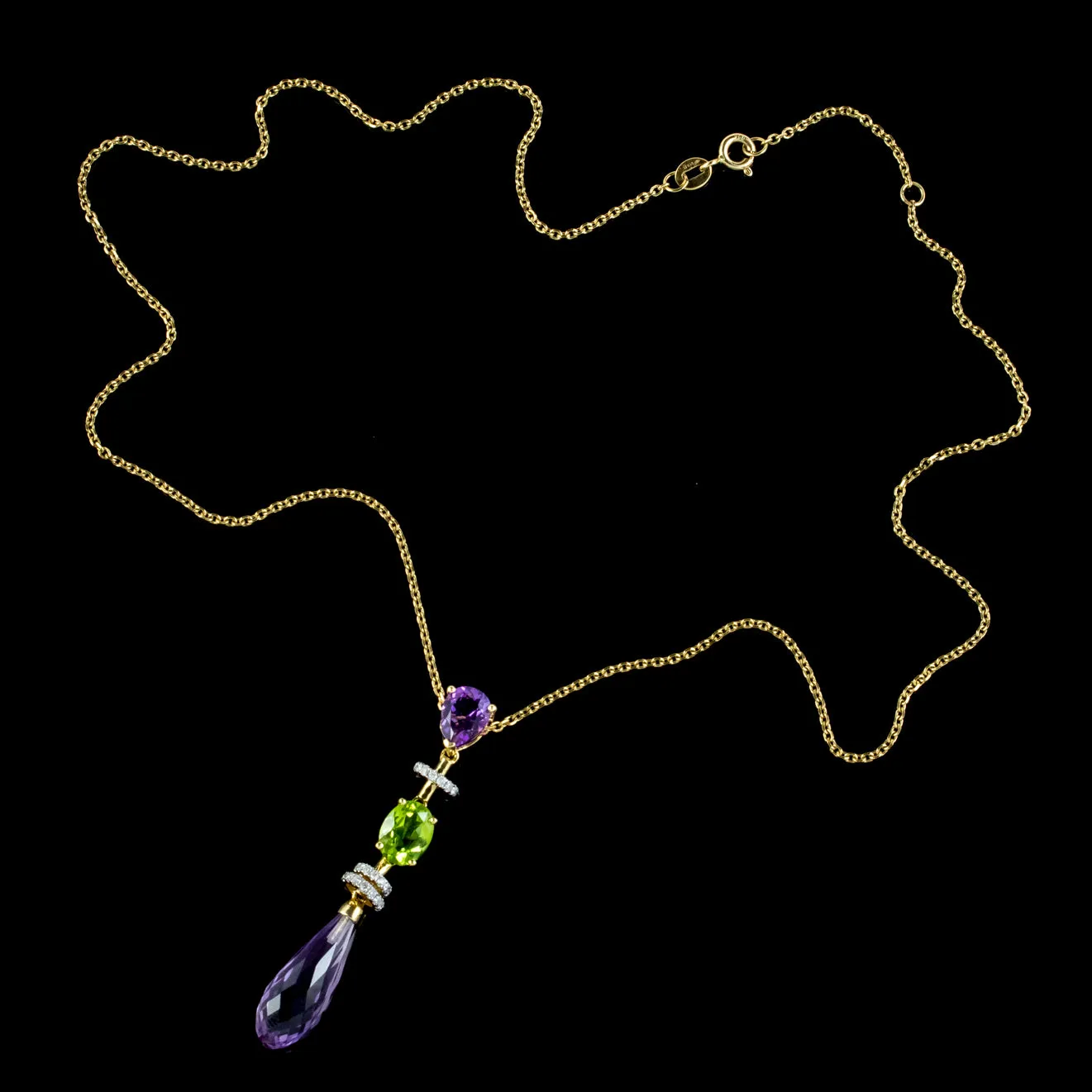 Art Deco Suffragette Style Pendant Necklace Amethyst Peridot Diamond 18ct Gold