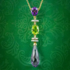 Art Deco Suffragette Style Pendant Necklace Amethyst Peridot Diamond 18ct Gold