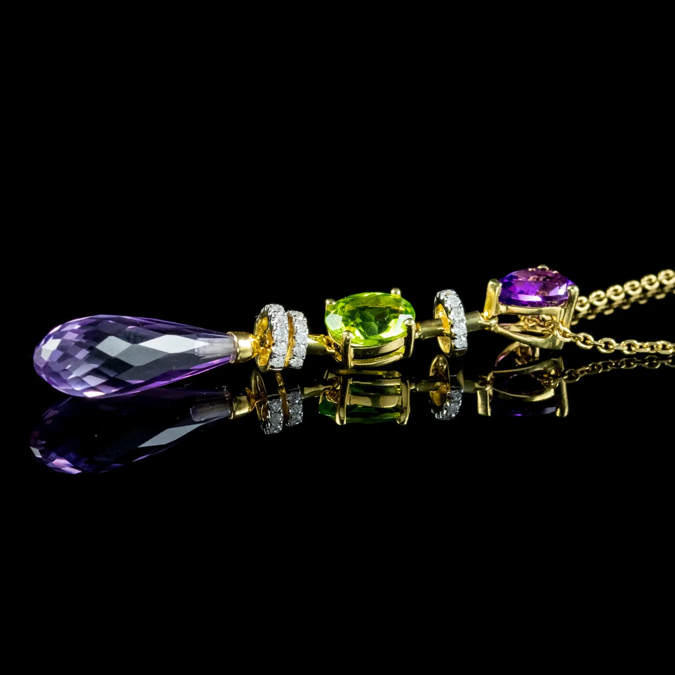 Art Deco Suffragette Style Pendant Necklace Amethyst Peridot Diamond 18ct Gold