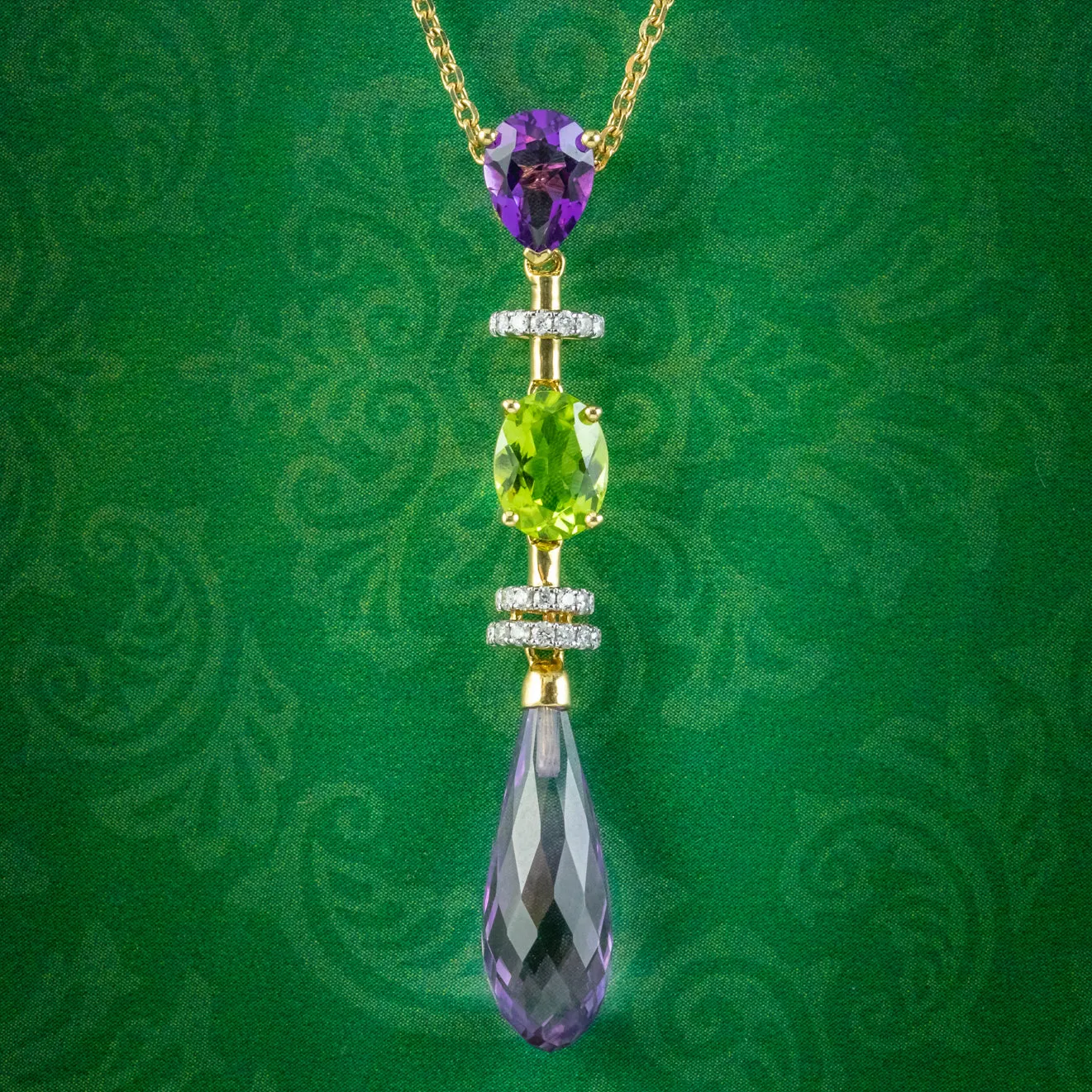 Art Deco Suffragette Style Pendant Necklace Amethyst Peridot Diamond 18ct Gold