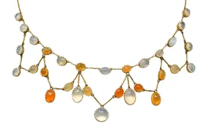 Art Nouveau Jelly Opal & Fire Opal 14 Karat Gold Swag Necklace