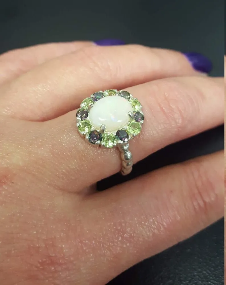 Australian Opal Ring - White Flower Ring - Multistone Cocktail Ring