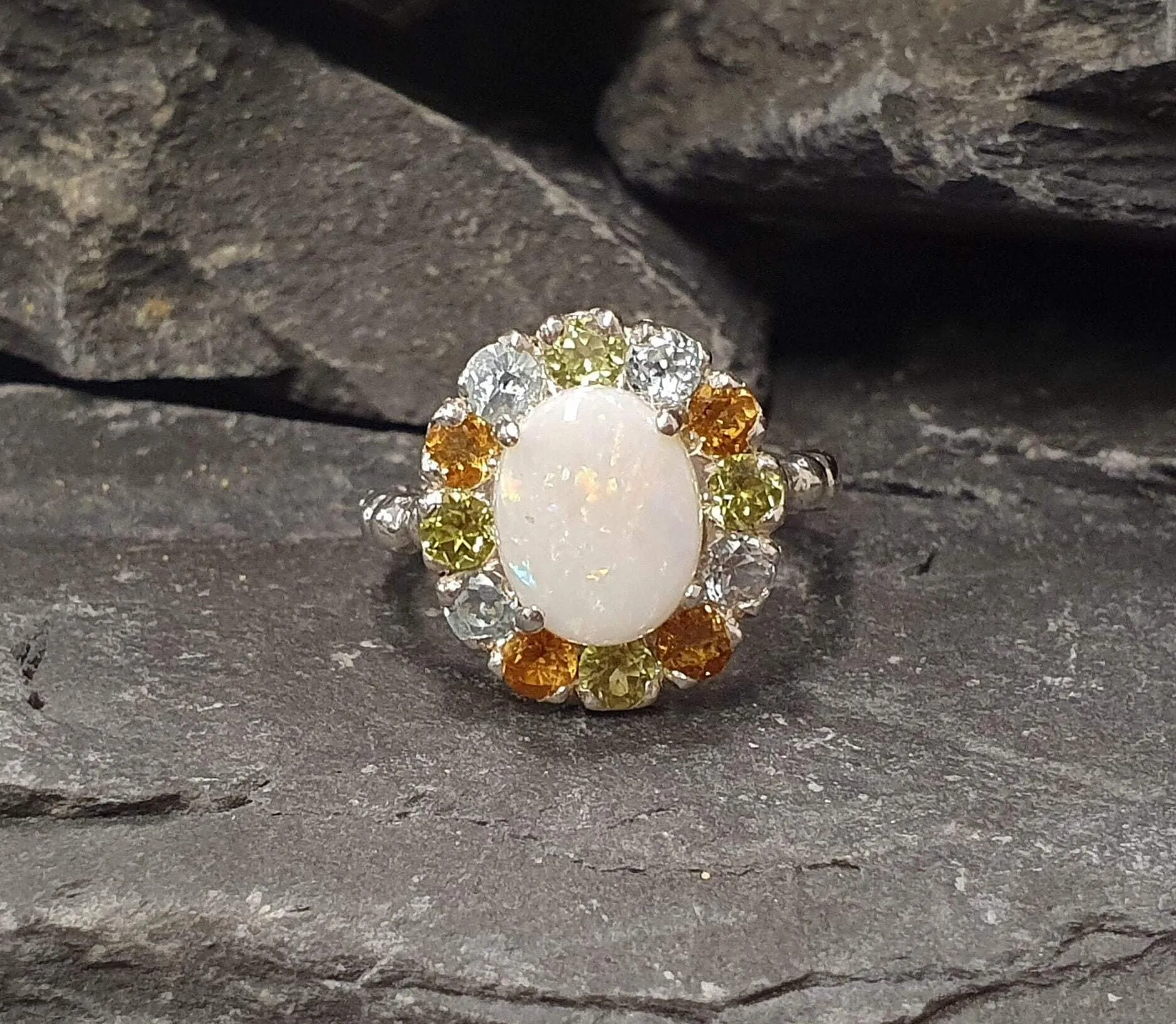 Australian Opal Ring - White Flower Ring - Multistone Cocktail Ring