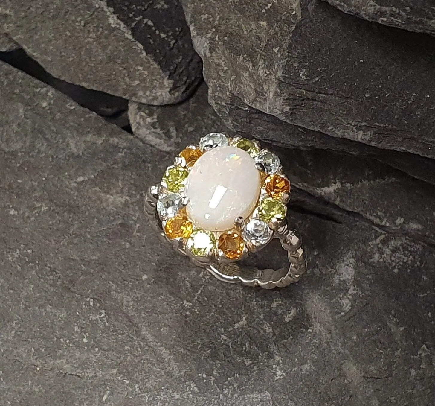Australian Opal Ring - White Flower Ring - Multistone Cocktail Ring
