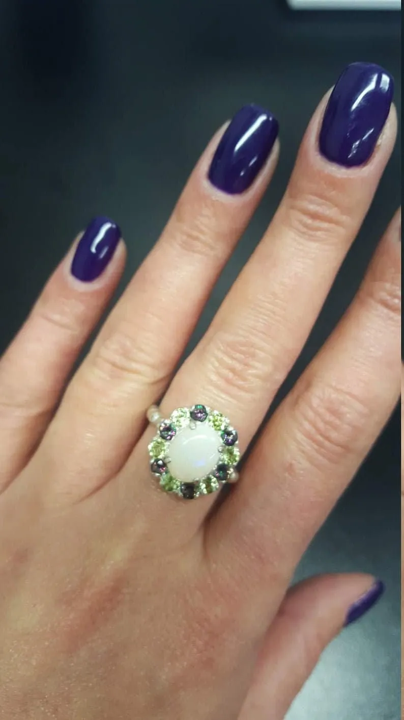 Australian Opal Ring - White Flower Ring - Multistone Cocktail Ring