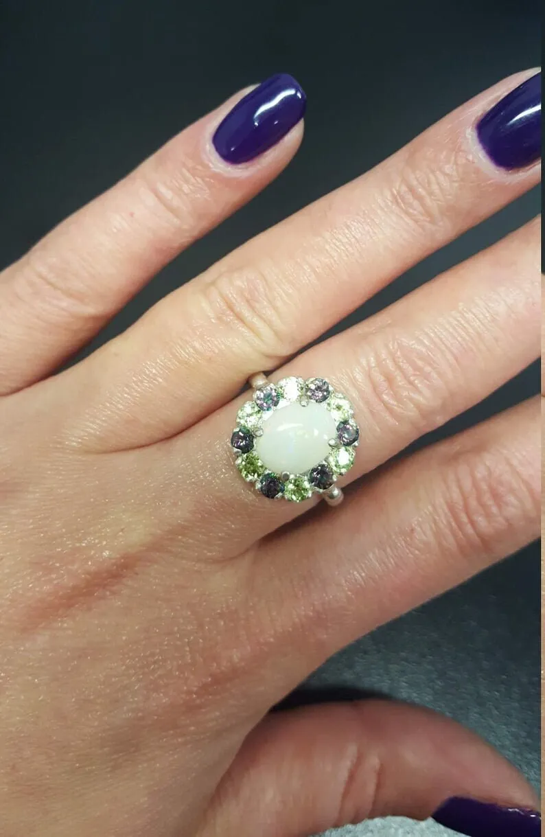 Australian Opal Ring - White Flower Ring - Multistone Cocktail Ring