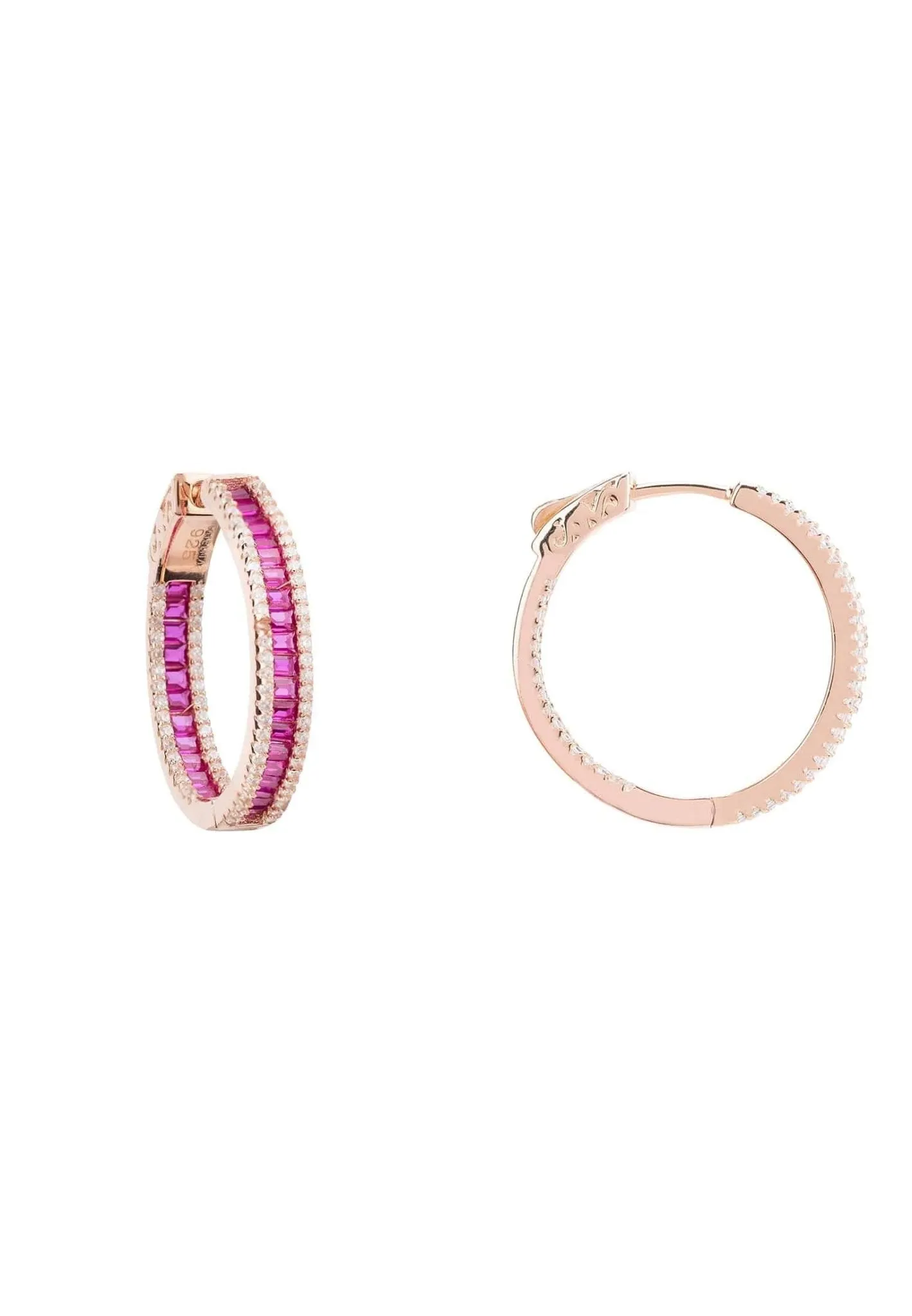 Baguette Hoop Earrings Medium Rosegold Ruby Pink