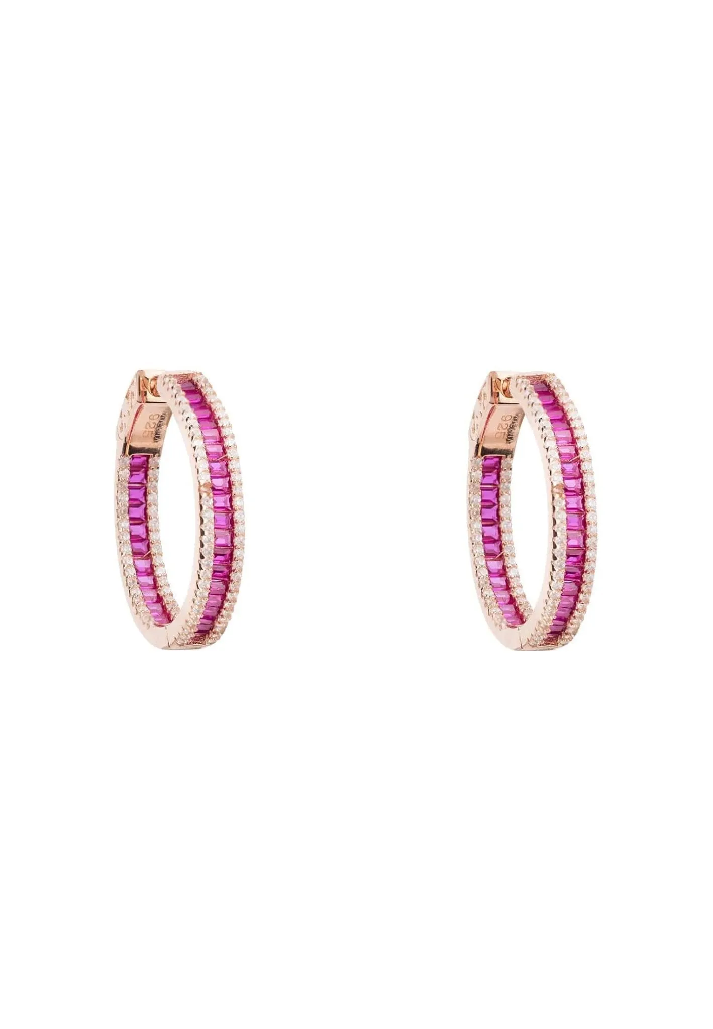 Baguette Hoop Earrings Medium Rosegold Ruby Pink