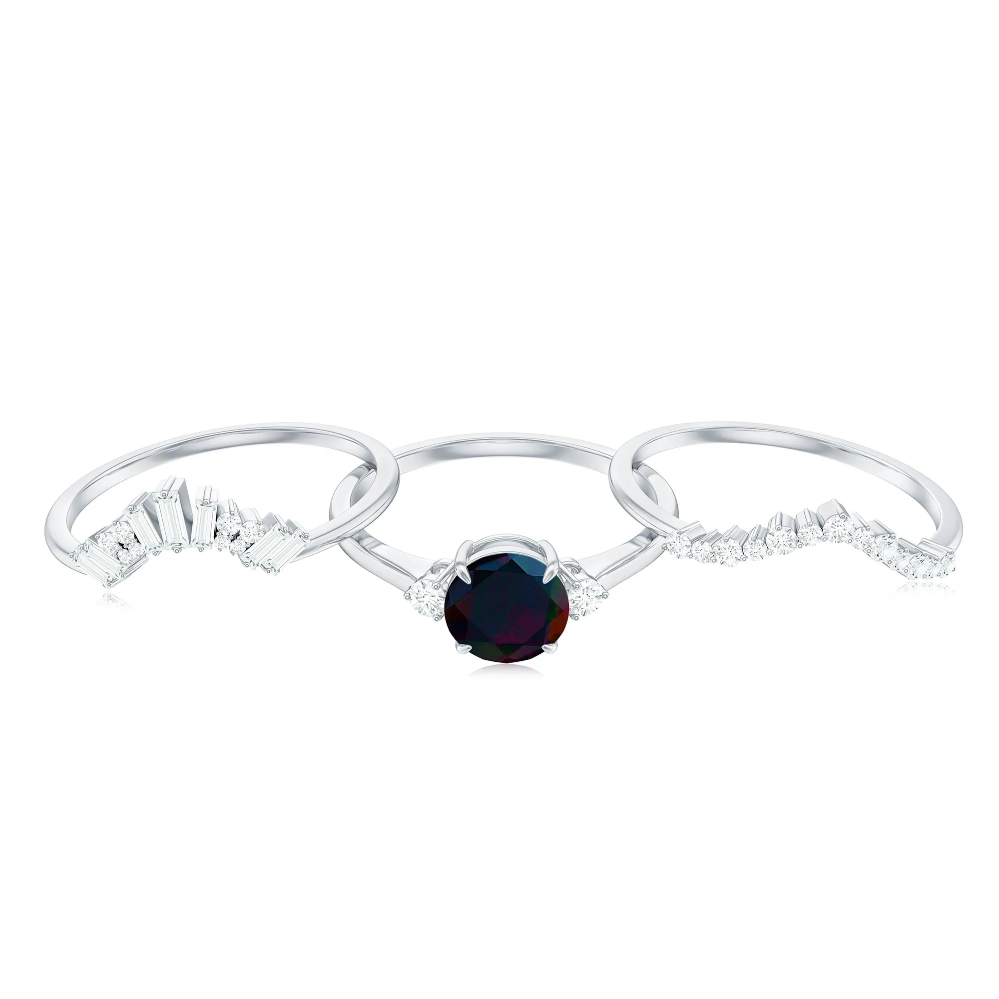 Black Opal Designer Trio Wedding Ring Set with Diamond