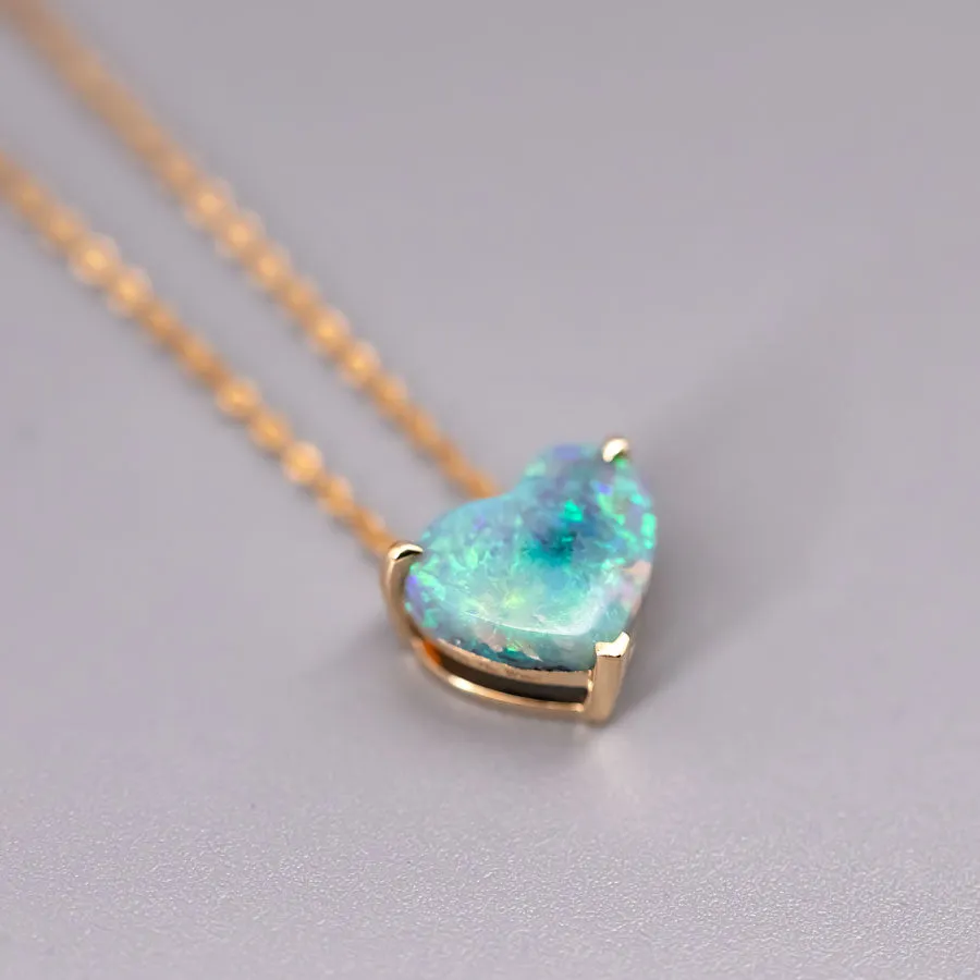 Blue Heart Shaped Australian Black Opal Pendant Necklace 18K Yellow Gold