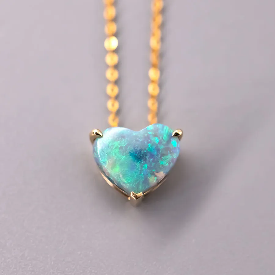 Blue Heart Shaped Australian Black Opal Pendant Necklace 18K Yellow Gold