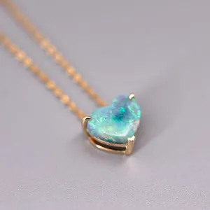 Blue Heart Shaped Australian Black Opal Pendant Necklace 18K Yellow Gold