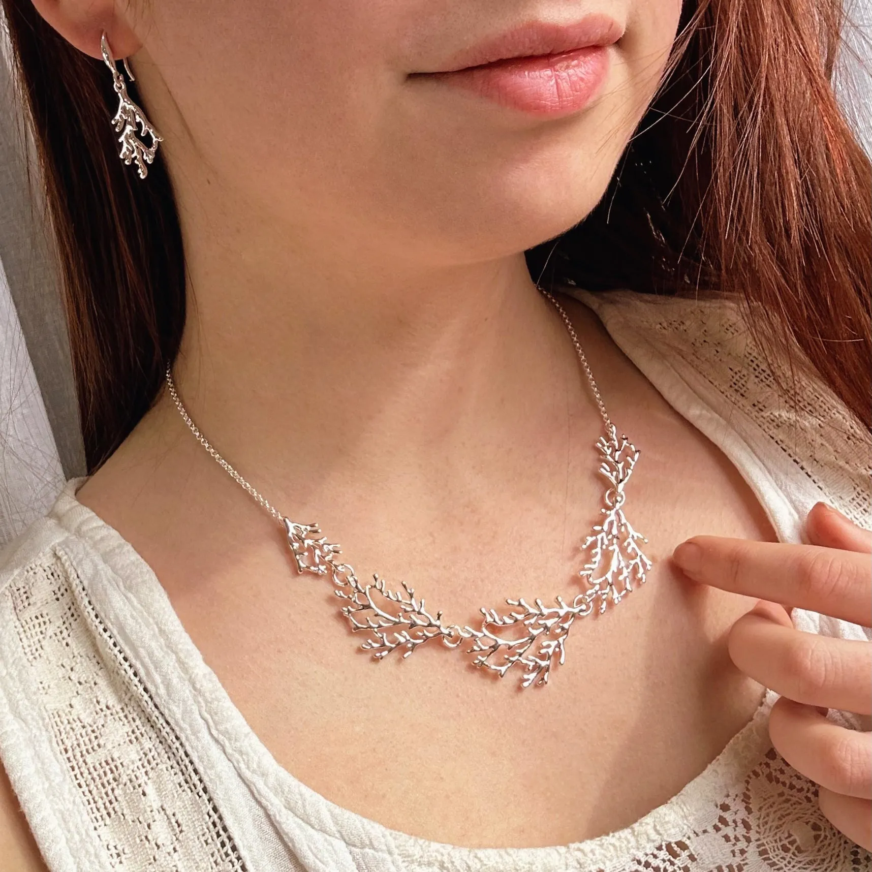 Boho Style Silver Coral Necklace