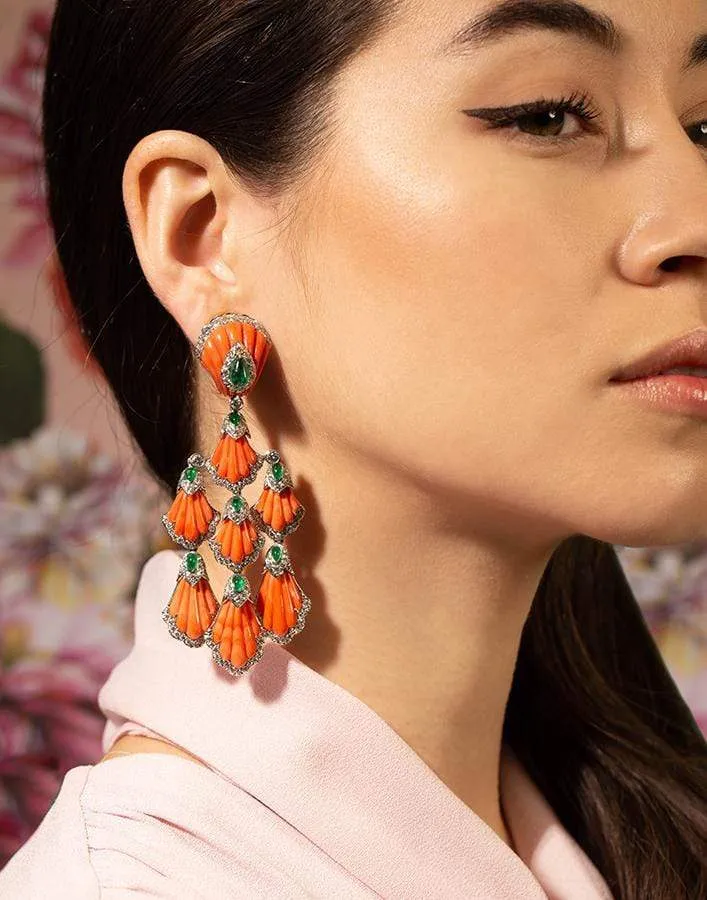 Carved Coral and Emerald Siren Earrings