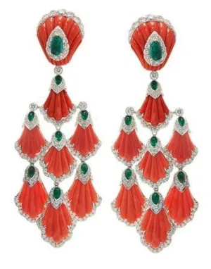 Carved Coral and Emerald Siren Earrings
