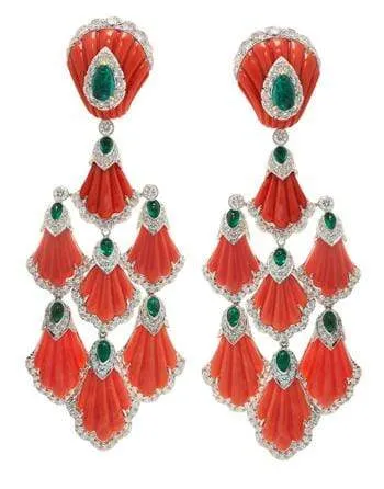 Carved Coral and Emerald Siren Earrings