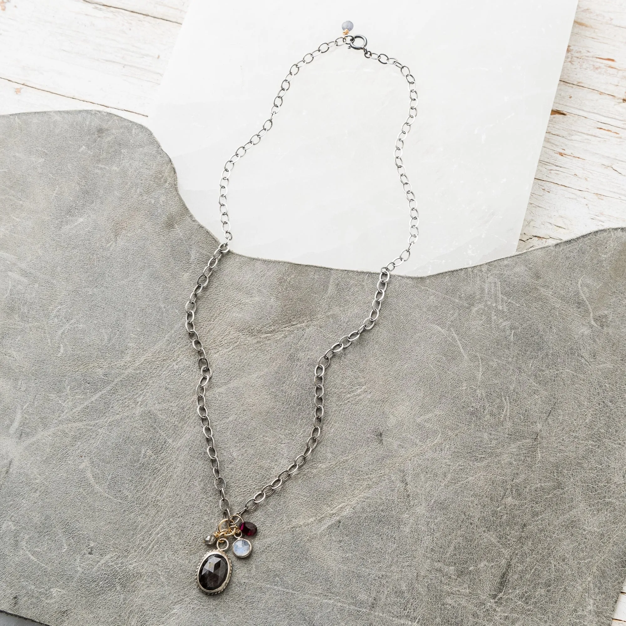 Chocolate Sapphire Drop Necklace with Gemstone Charms